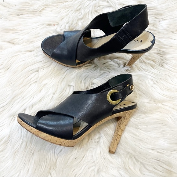 Via Spiga Black Leather Open Toe Cork Heel Onitta Sandals Women’s Size 6.5 - Picture 4 of 10